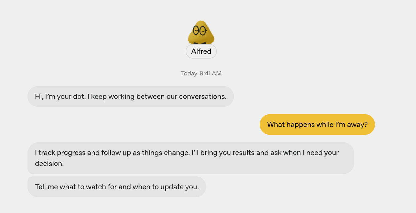 A dot in ChatGPT explains that it keeps working between conversations and will follow up when it needs a decision